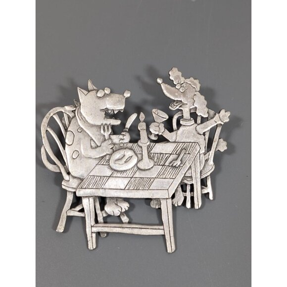 Vintage JJ Jonette Dog Dinner Date Pup Poodle Silver Tone Couple Candelight - Picture 6 of 8